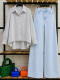 DUO PACK ( WHITE AND BLACK STRIPES BUTTON DOWN SHIRT WITH ICE BLUE WIDE LEG JEANS )
