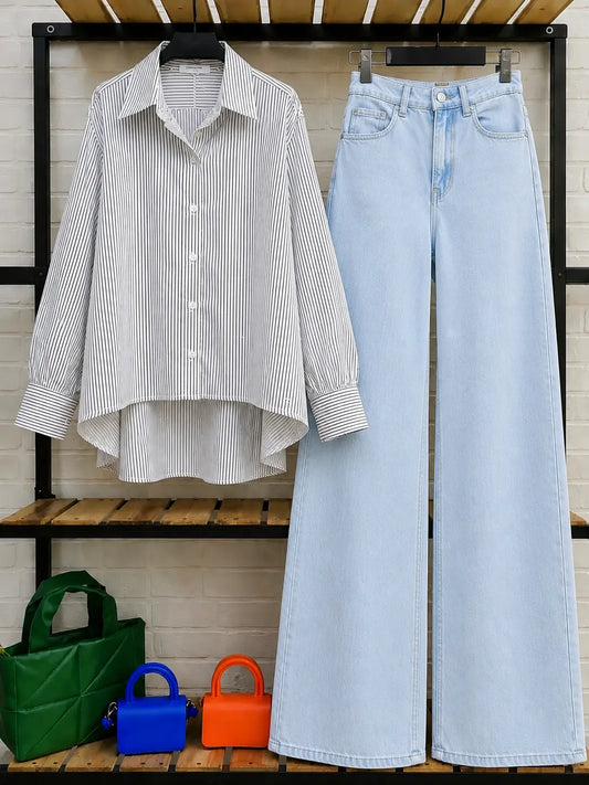 DUO PACK ( WHITE AND BLACK STRIPES BUTTON DOWN SHIRT WITH ICE BLUE WIDE LEG JEANS )